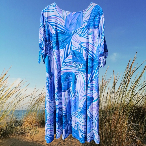 Susan Graver Printed Regular Liquid Knit A-Line Dress Sleeve Ties Pockets XL - Picture 7 of 11